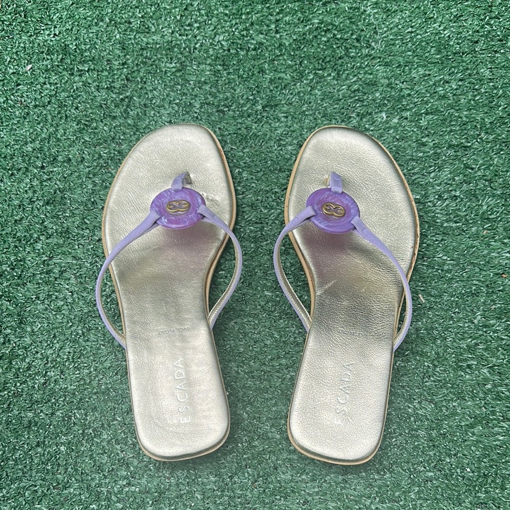 Escada Gold and Purple Sandals with Floral Accents Size 8 US/ 38 EU - Picture 3 of 9